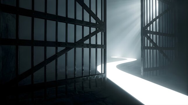 Open iron prison gate with bright light leading to freedom path