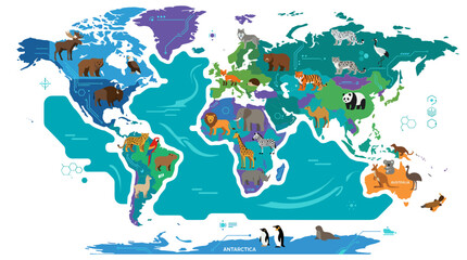 Naklejka premium Educational world map with inverted orientation and wildlife