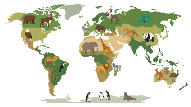 Inverted world map featuring regional wild animals