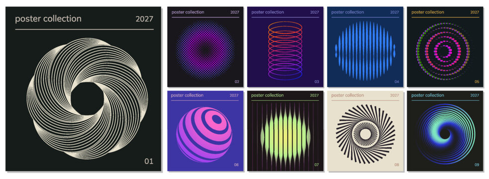 Vector illustration of retro poster collection with abstract circles, spirals, waves and optical geometric patterns in colorful modern layouts