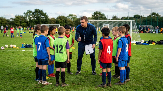 Male soccer coach explaining tactics on a whiteboard to a diverse group of young children in colorful sports bibs during an outdoor football training session on a grass pitch.