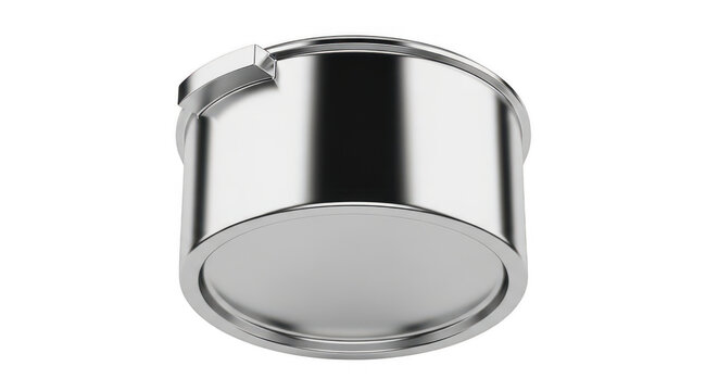 Shiny chrome metal round container with a lid, offering a sleek, modern design element.