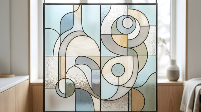 Decorative stained glass window with floral and bird designs hanging on wooden wall