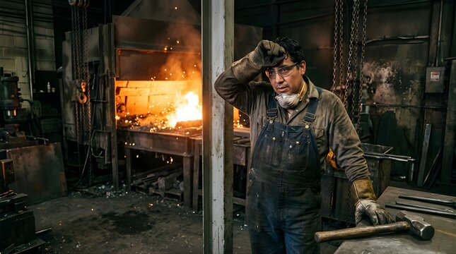 Tired metalworker wiping sweat in a hot foundry during manufacturing shift