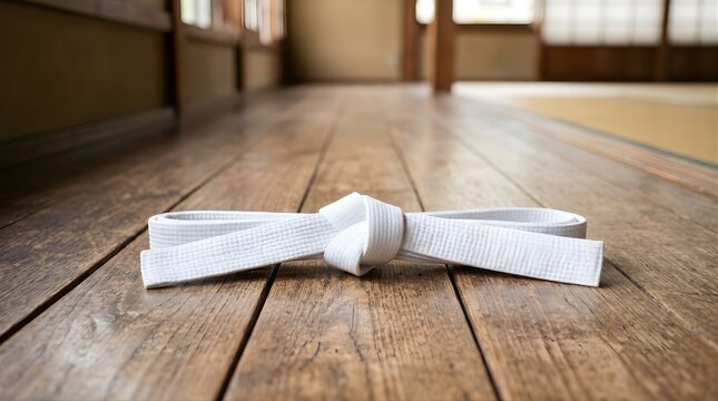 White karate belt lying on wooden floor in traditional Japanese dojo