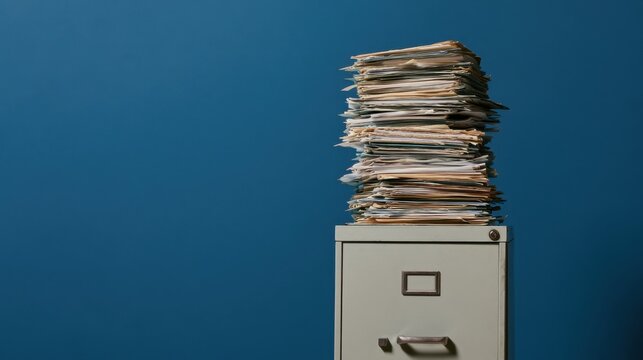 Overloaded file cabinet drawer with towering stack of old disorganized paper documents against a plain blue wall background showing office clutter and paperwork mess
