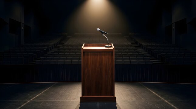 Wooden podium with microphone on stage in dark auditorium for speech