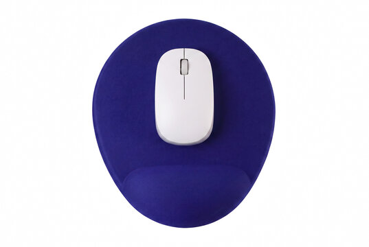 White Wireless Computer Mouse on Blue Ergonomic Wrist Rest Mousepad