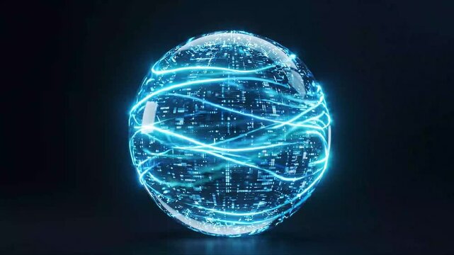 A Futuristic Glass Sphere with Glowing Blue Internal Circuitry and Light Streams