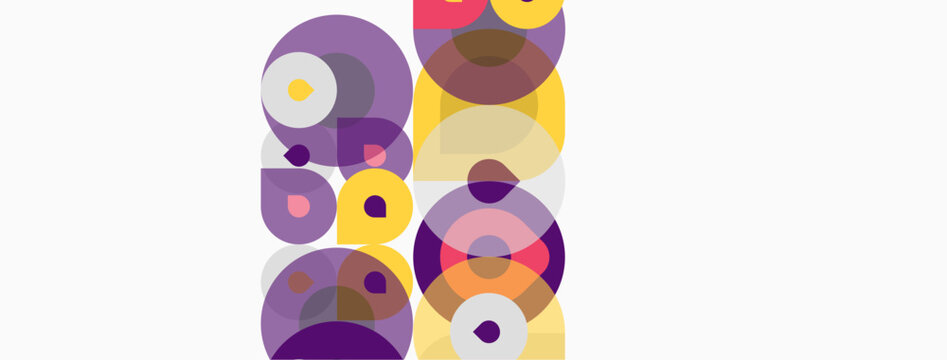 Abstract circles overlap, creating vibrant color patterns. Purple, yellow, pink hues dominate white background. Modern design.