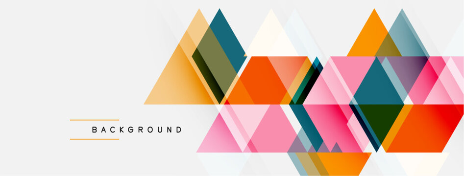 Geometric shapes overlap creating colorful abstract pattern. Modern design with orange, pink, teal hues. Minimalist background element.