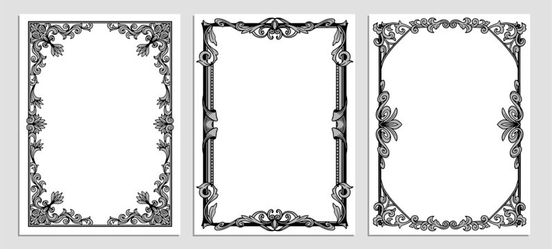 Set of three decorative black and white vintage frames with floral borders and empty space for text, invitations or certificates. Vector illustration