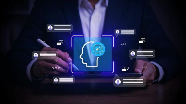A businessman uses online customer feedback to rate service experience data exchange and analysis with a chat bot. A customer support centre using artificial intelligence