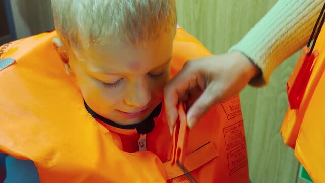An adult carefully adjusts an orange lifejacket on a young boy inside a cruise cabin. He feels safe, warm, and secure. This gentle moment prepares them for their voyage.