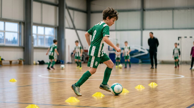Young boy in green and white striped uniform dribbles a soccer ball through yellow cones during an indoor futsal training session in a large sports hall with teammates and coach.
