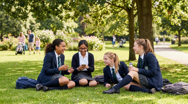 Four teenage schoolgirls in blue blazers and grey skirts sitting on green grass in a public park, laughing and looking at a smartphone together during a sunny afternoon break.