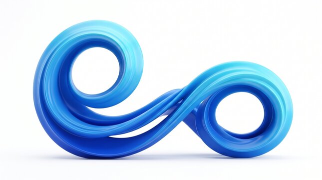 Abstract blue sculptural form with swirling fluid curves and an infinity loop shape against a clean white background