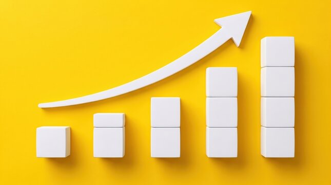 White block chart graph with upward curving arrow on yellow background business financial increase progress