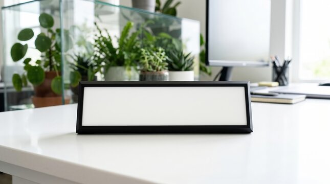 Blank nameplate desk sign on a white office table with indoor plants and computer monitor nameplate computer business