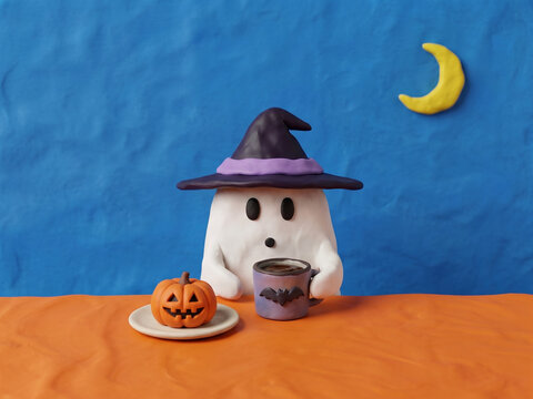 Cute ghost character in witch hat drinking coffee with jack-o-lantern, Halloween claymation illustration