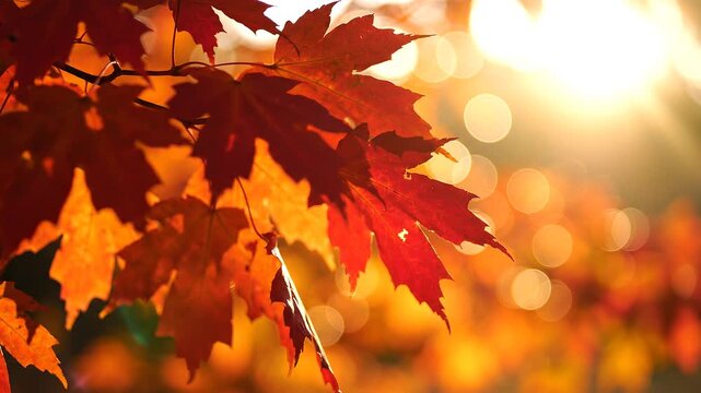 Vibrant red autumn maple leaves backlit by glowing sun bokeh