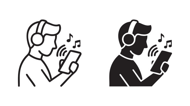 Man listening to music on smartphone vector icon set.