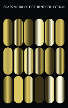 Brass metallic gradient collection with 18 polished gold swatches. Luxury metal texture vector set for graphic design. Shiny bronze and yellow gold color palette.