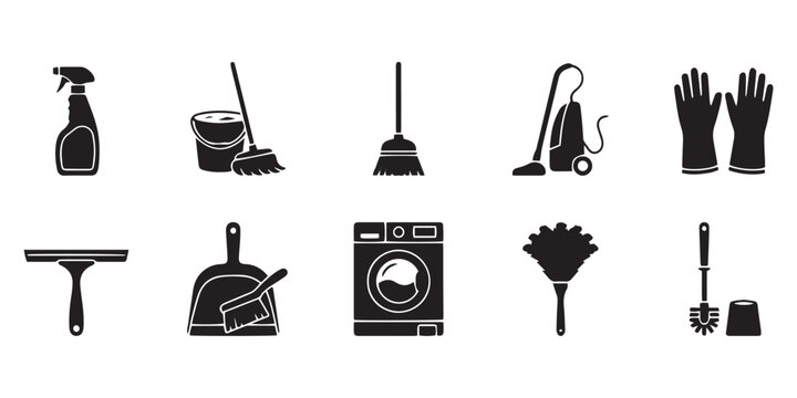 Cleaning, Housework, Hygiene and Maid Service Icons Vector Illustration Set