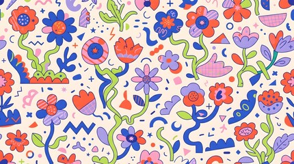Naklejka premium Abstract floral pattern with colorful doodle flowers and geometric shapes for textile