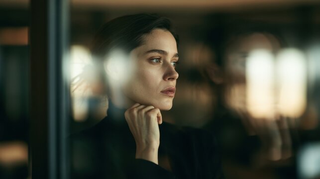 Thoughtful young woman with natural makeup gazing out window reflecting deep contemplation and quiet introspection in soft indoor warm light atmosphere
