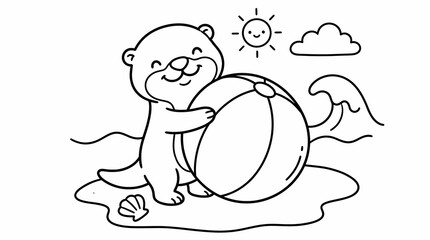 Fototapeta premium Cute cartoon otter holding a large beach ball on the seashore under a smiling sun, coloring page illustration for kids.