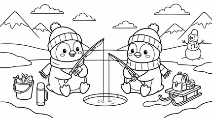 Fototapeta premium Black and white coloring page illustration of two cute penguins ice fishing in a snowy winter landscape with mountains and a snowman.