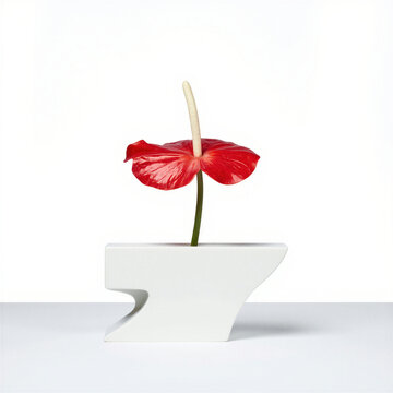 Minimal Anthurium Slab One anthurium (Anthurium andraeanum) with a glossy red spathe and straight stem, set into a thin white