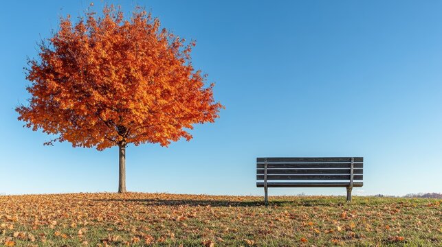 Bench in Colorful autumn Park with city view red,yellow maple trees and blue sky,Autumn forest path,Lawn in autumn city park in Sunny day,Trees with yellow leaves in park,Natural Wallpaper.