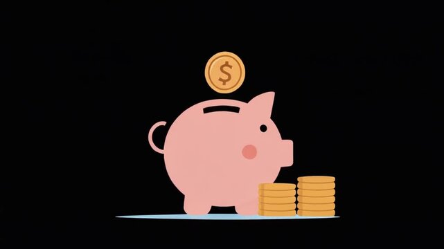 Cute Pink Piggy Bank with Gold Dollar Coin and Stacks of Coins Animation on Black Background for Savings and Investment Concept