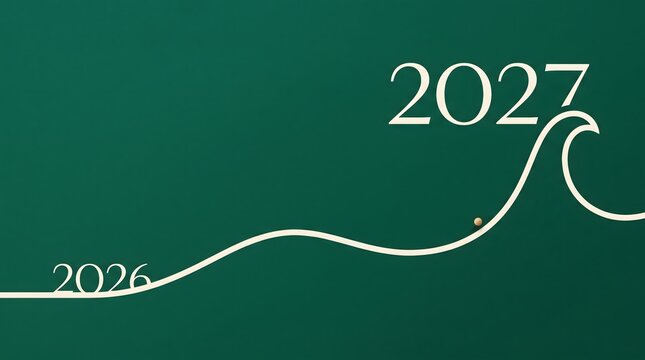 Minimal line art wave over dark green background connecting year 2026 to towering year 2027 with tiny golden ball representing progress and momentum.