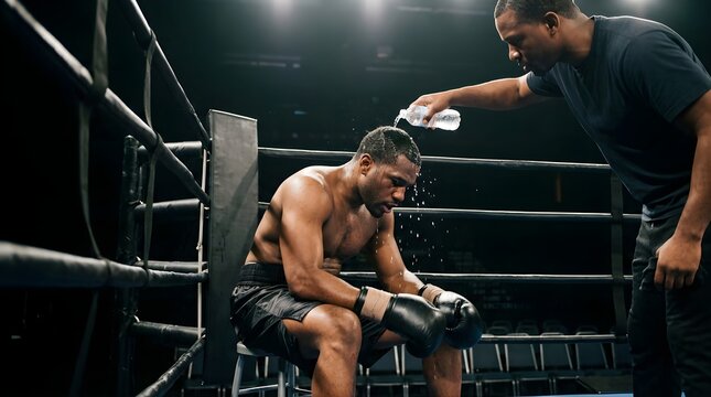 Coach pouring water on tired boxer during a break in the fighting ring
