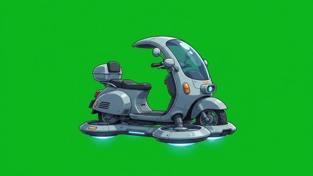 Futuristic hover scooter with anti-gravity propulsion isolated on green screen background