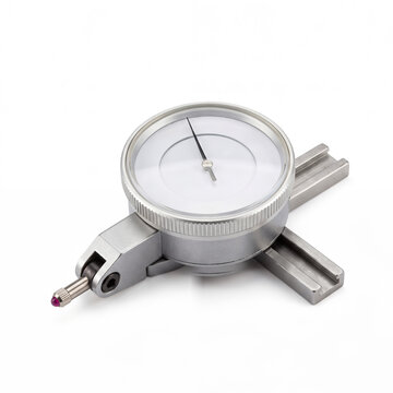 Generic horizontal precision dial test depth indicator gauge on steel base isolated on white.