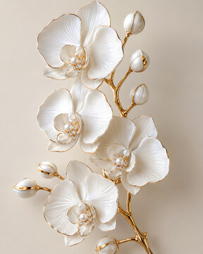 Exquisite white orchid sculpture with golden stem details on a neutral background.