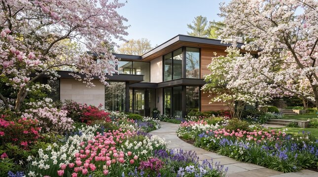 Elegant modern building harmoniously nestled amidst a vibrant tapestry of blooming spring flowers and mature trees, creating a captivating and serene residential landscape