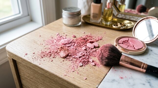Broken pink blush powder spilled on vanity table with makeup brush.