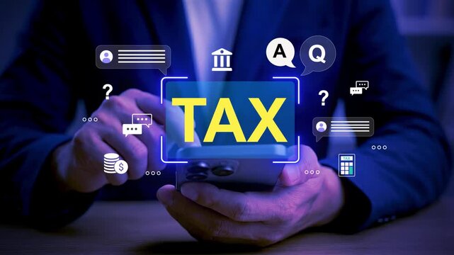 Mobile user accessing tax return services through smartphone with financial icons and chat bubbles, showing online filing help, digital consultation, and income tax assistance via mobile device