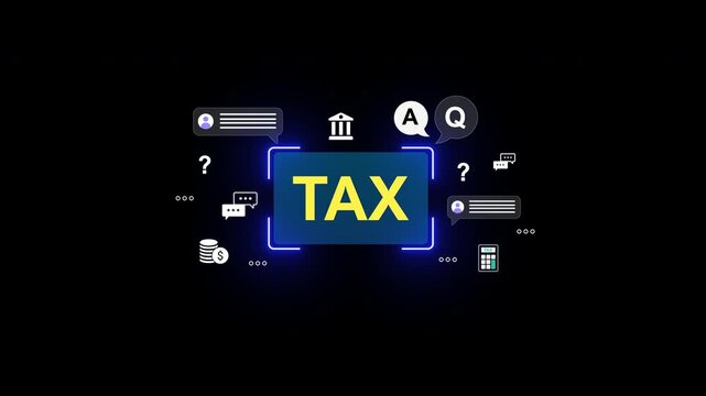 Tax return services with financial icons and chat bubbles, showing online filing help, digital consultation, and income tax assistance via mobile device