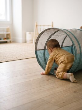Infant crawling through fabric tunnel on hardwood floor in bright room