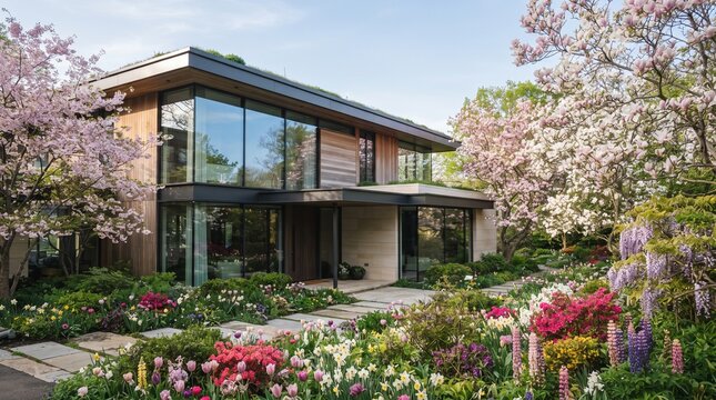 Luxurious modern house with large windows surrounded by blooming spring flowers and lush green gardens