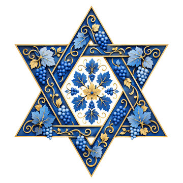 Ornate Blue and Gold Star of David with Grapes and Vine Leaves Illustration