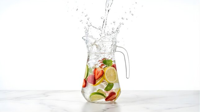 Fresh fruit infused water splashing in a glass pitcher on white table
