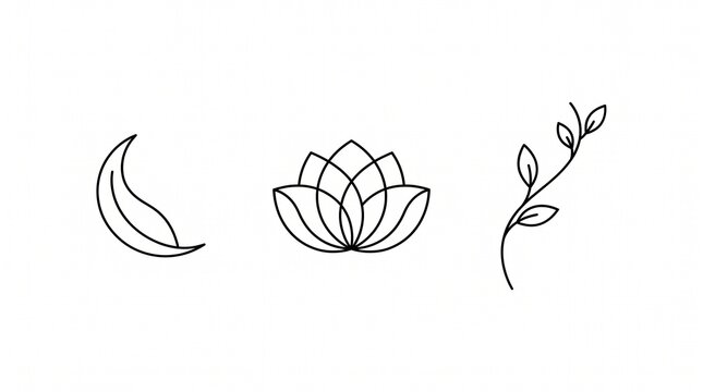 Set of minimalist line art symbols including moon lotus and branch with wellness