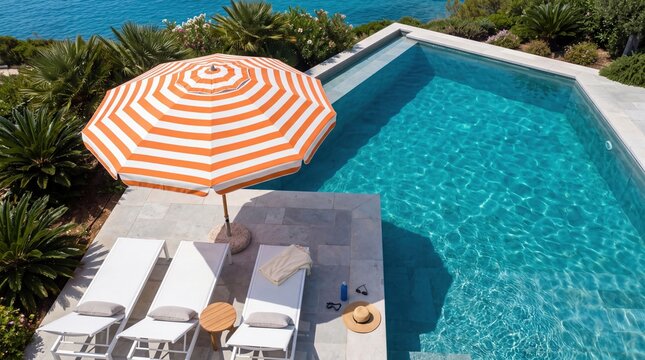 Orange Striped Beach Umbrella Beside Clear Blue Swimming Pool